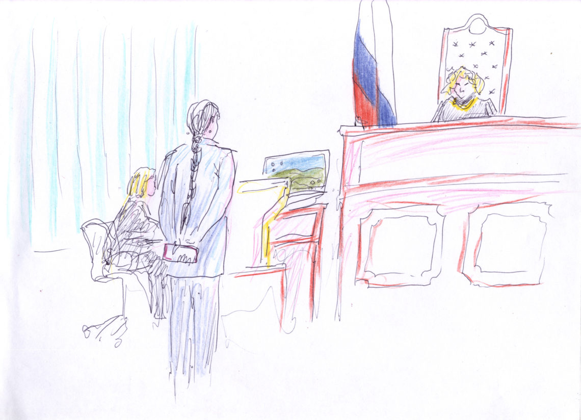 Защитница беседует с судьей. Художница Анна Терешкина