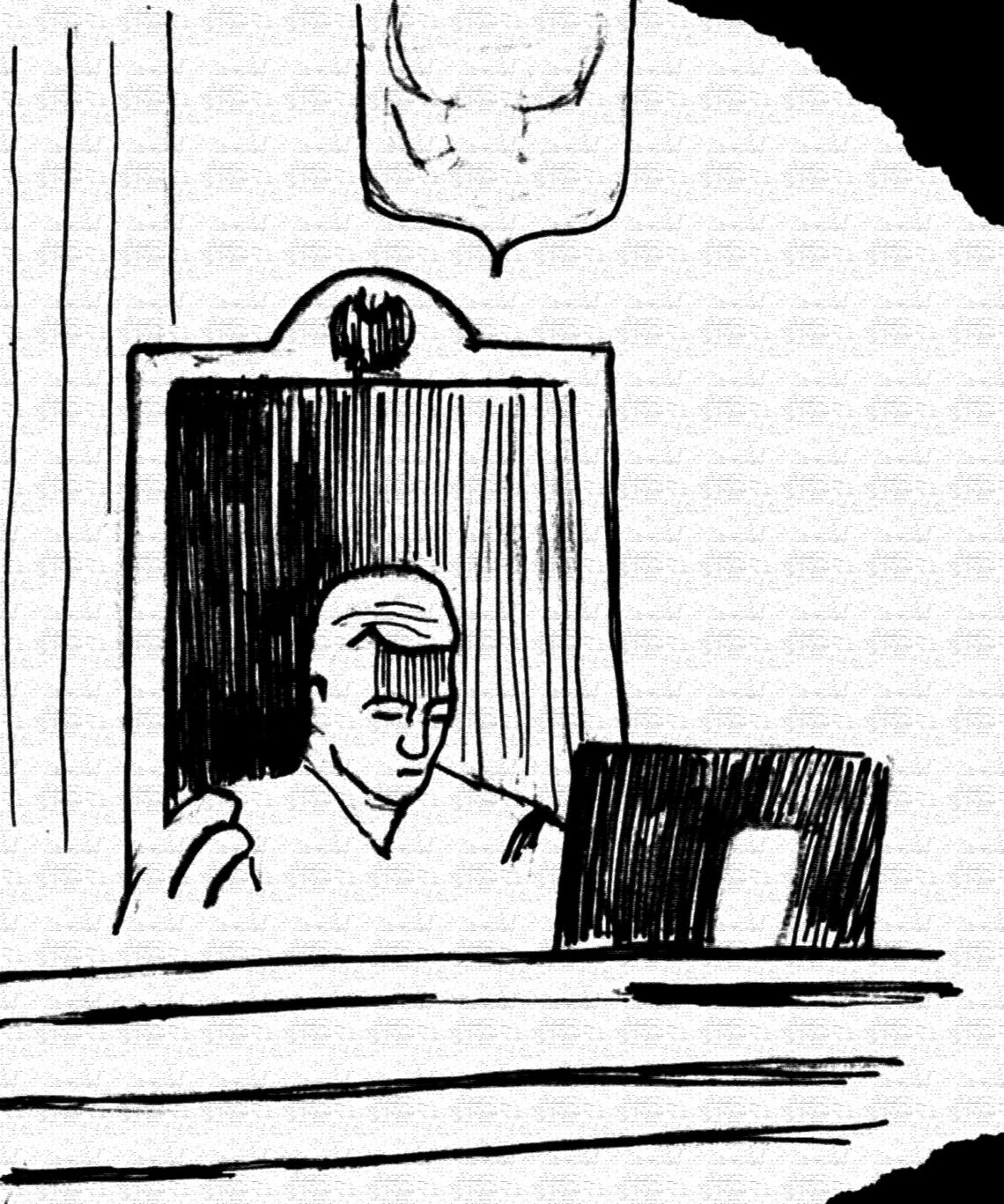 Черно-белый рисунок, на котором в кресле за столом перед монитором изображен мужчина в мантии. Над креслом герб